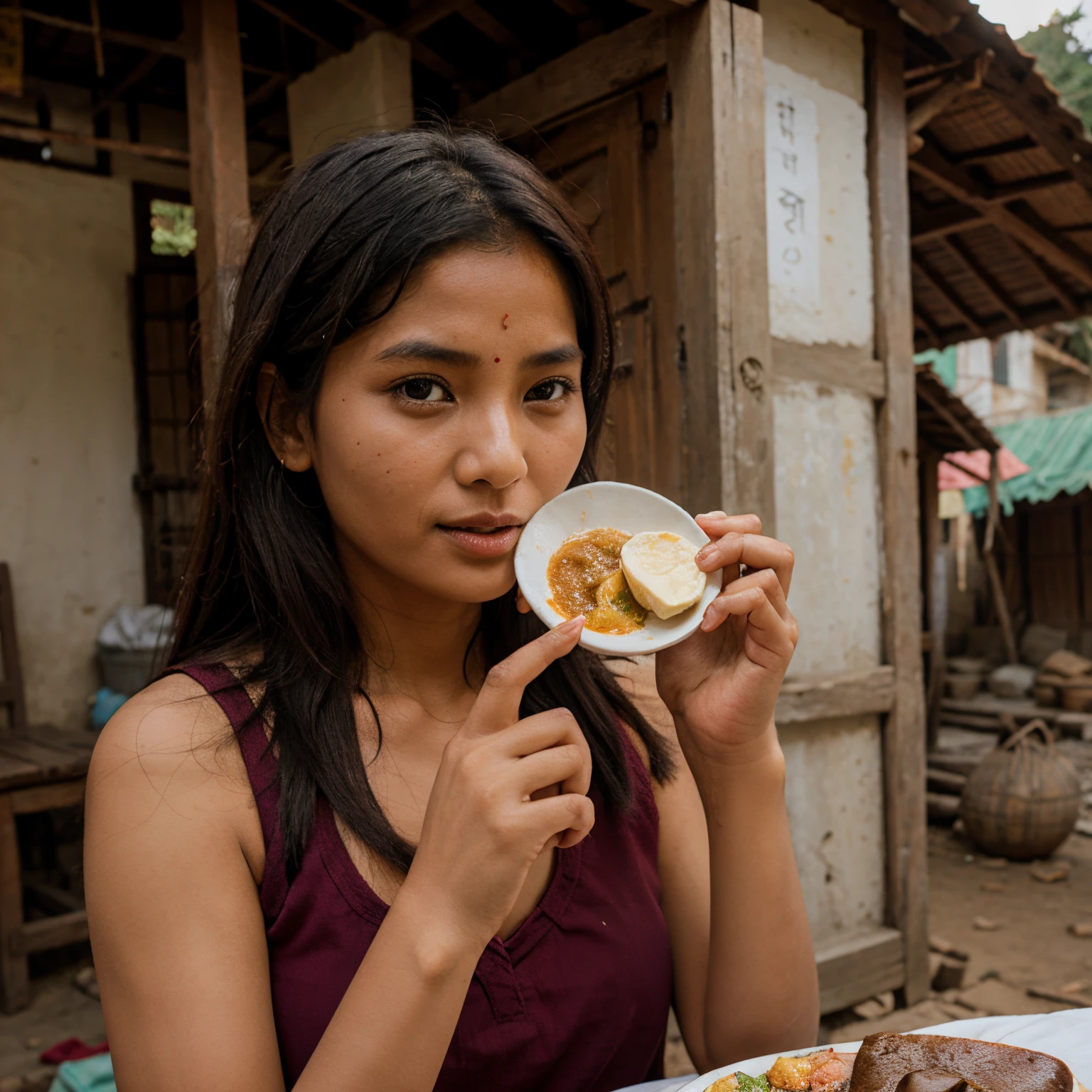Nepali village girl eating momo