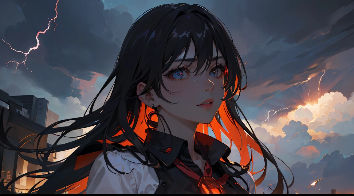 (highres, ultra-detailed, realistic:1.37), akeno himejima, highschool dxd, beautiful detailed eyes, long hair flowing in the wind, stunningly detailed face and body, confident and seductive expression, wearing a revealing school uniform, standing in a dynamic and powerful pose, surrounded by dark and stormy clouds, with bolts of lightning striking in the background, creating a dramatic atmosphere, vibrant colors adding intensity to the scene, a touch of red highlighting her devil heritage, soft warm lighting casting shadows that enhance her alluring features, a sense of mystique and power emanating from her presence.