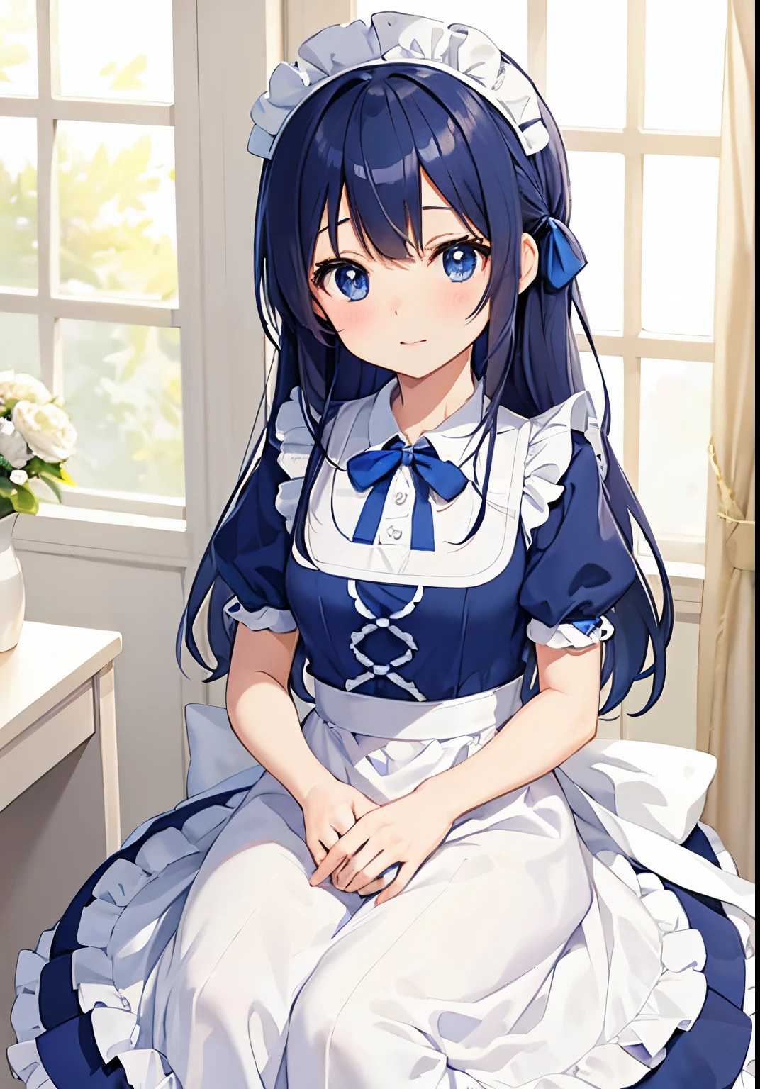 Anime girl with blue ribbon holding blue and white badge, Cute in a nice dress、anime moe art style, Anime visuals of cute girls, anime girls in maid costumes, Cute anime girl, li in dress