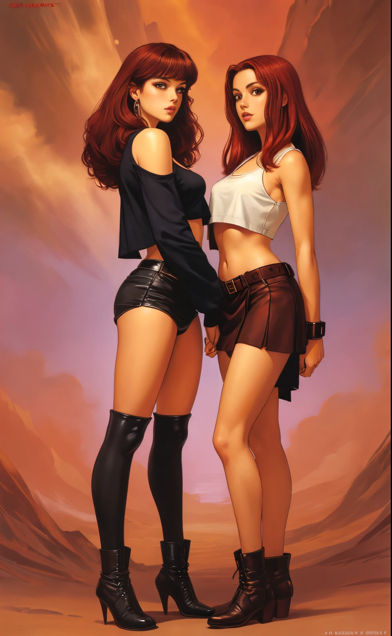 2girls, crop top, miniskirt, red hair, black hair, full body shot, lesbian, romance, clyde caldwell