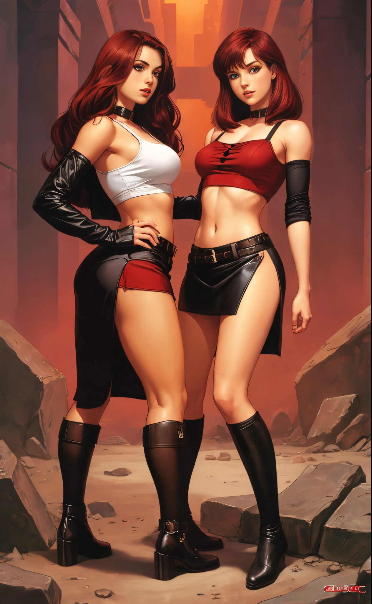 2girls, crop top, miniskirt, red hair, black hair, full body shot, lesbian, romance, clyde caldwell