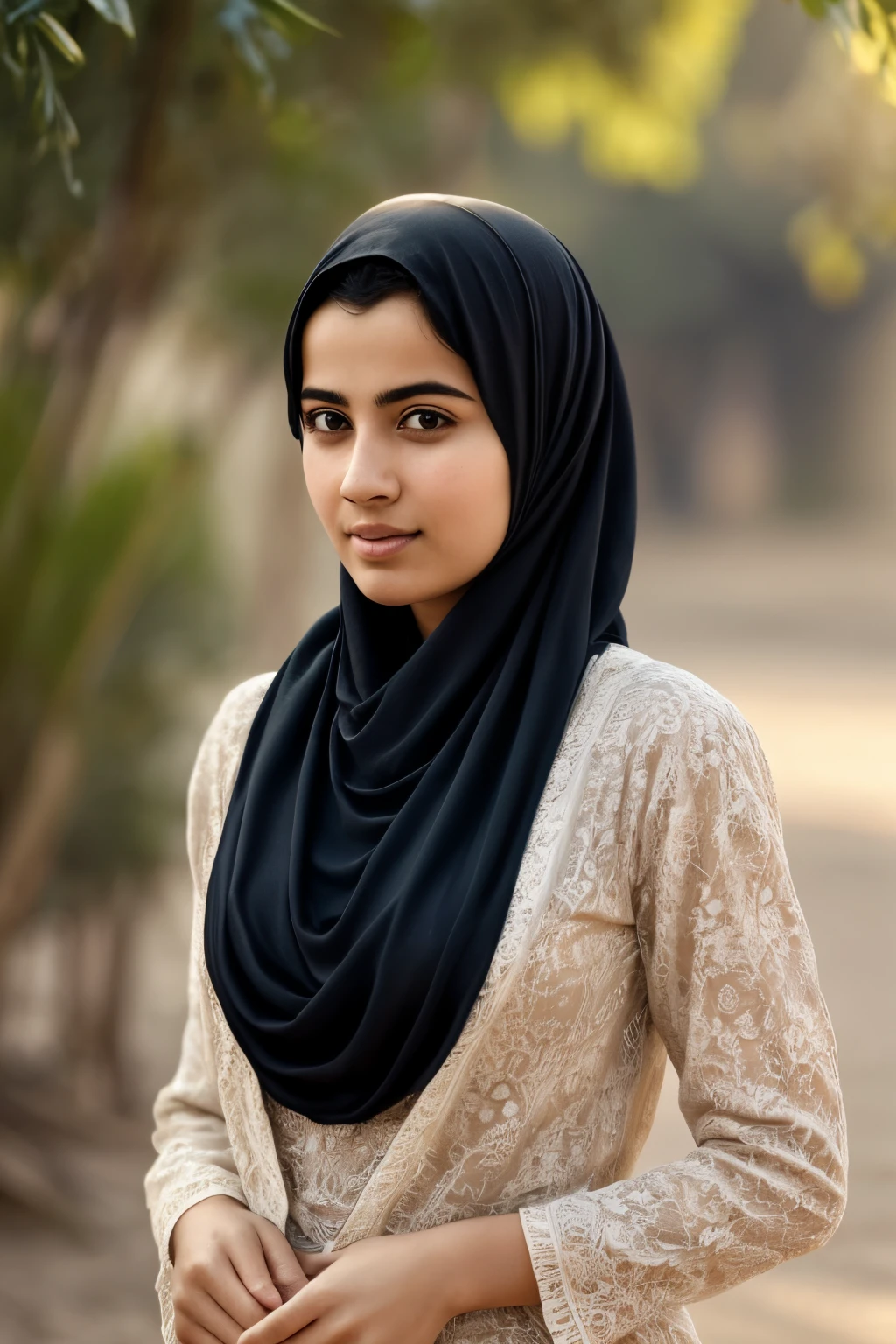 Generate a ultra photo-realistic image of a young IRAQI woman with natural lighting, portraying a genuine and relaxed expression. The scene should be set in a peaceful outdoor environment with soft sunlight, and the woman should be dressed casually in modern attire in black colour