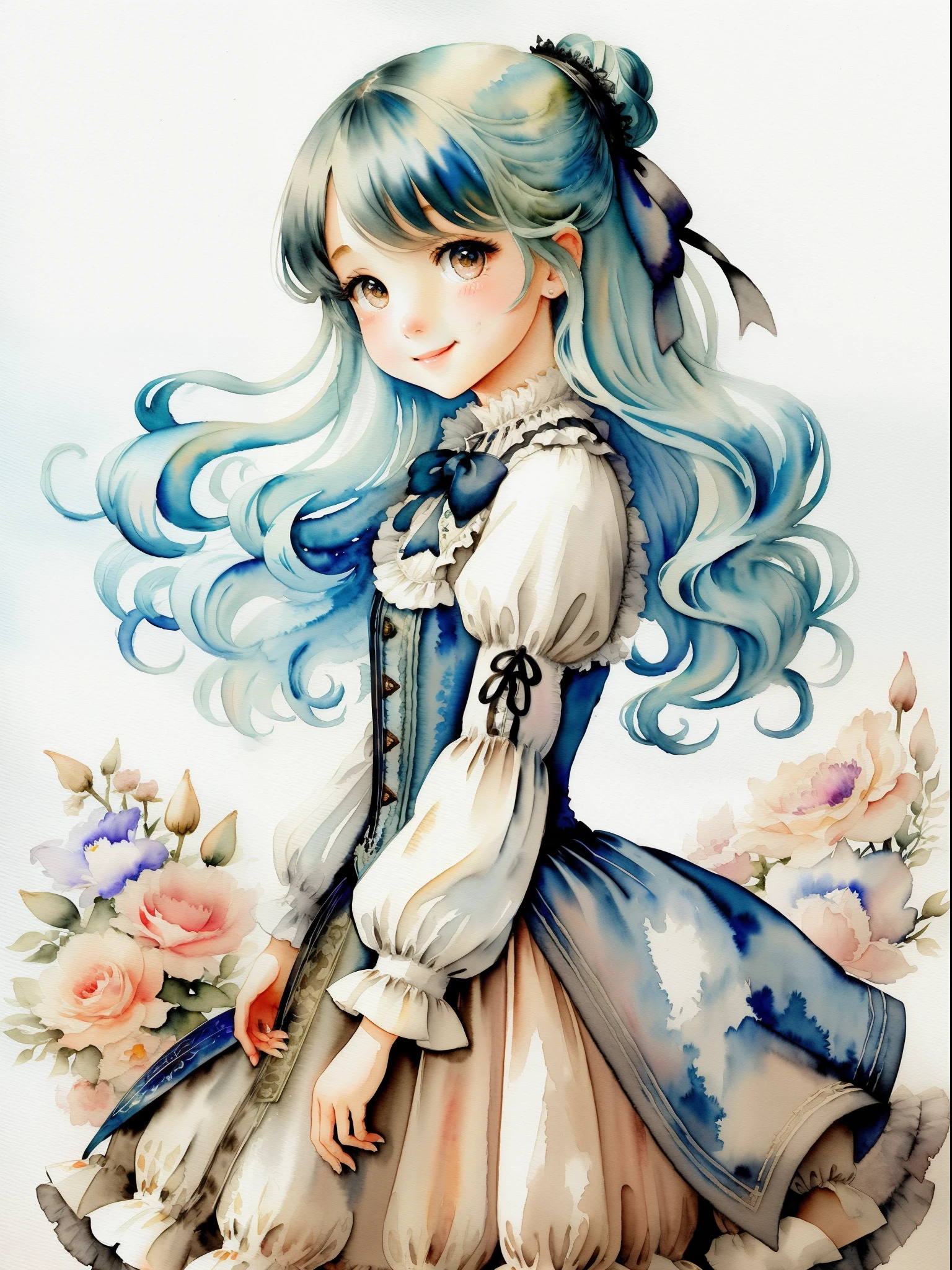 illustratio、watercolor paiting、 Fantasia、 victorian girl、length hair、cute little、Deformed、portraitures、Smile