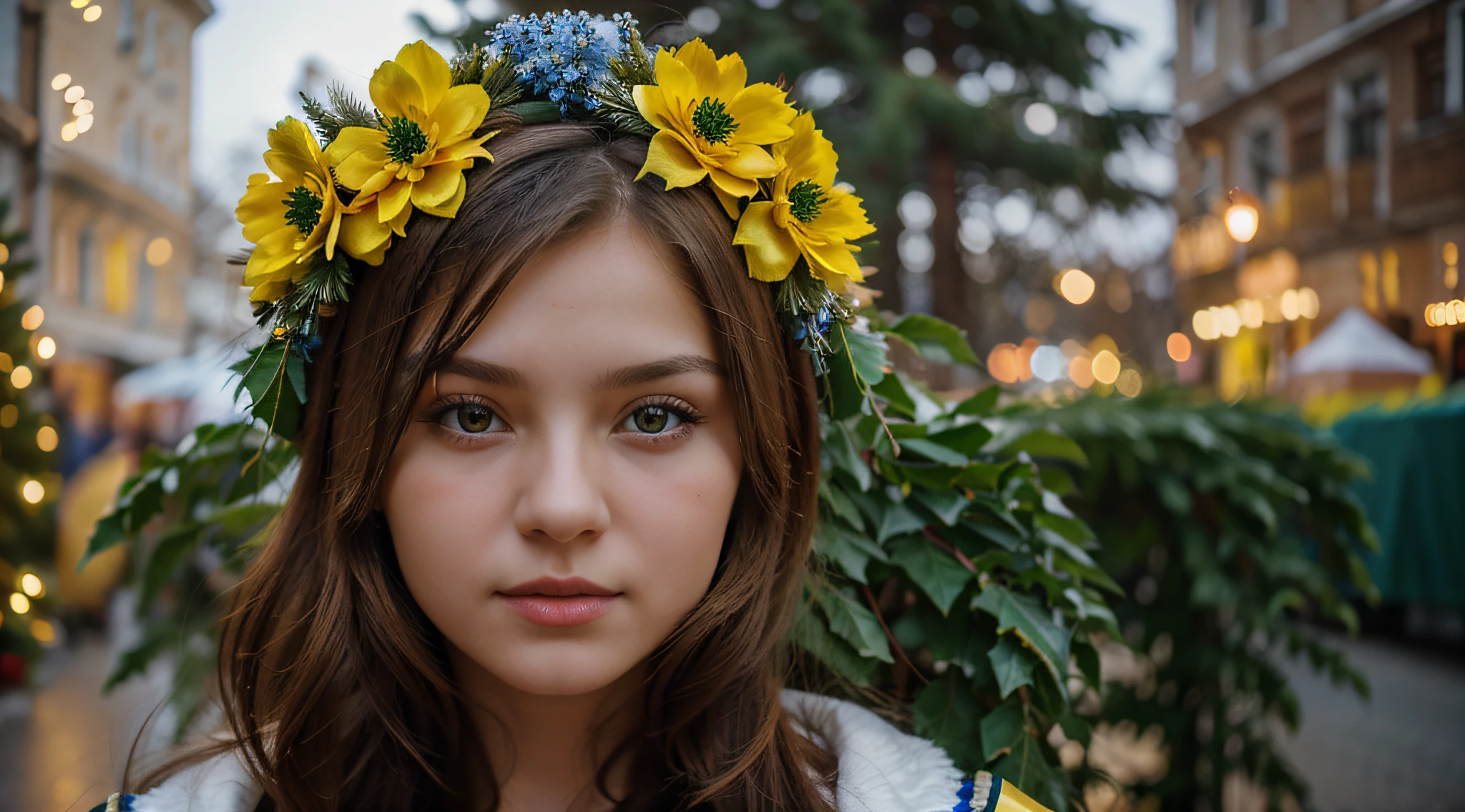 A beautiful Ukrainian girl near a Christmas tree, a yellow and blue wreath of flowers on her head, a Christmas atmosphere,