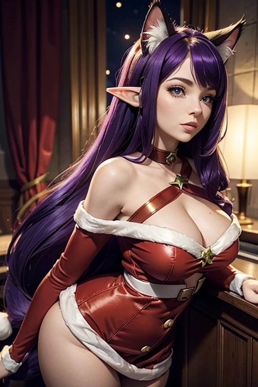 An adult woman wearing a santa elf outfit, oreilles de chat, Cat tail, Dark and Purple hair, curved long hair, little boobs ,Cute, Avatar de seconde vie, Belle captured d'écran, Femme seduisante vue complète du corps, High quality, very detailed skin, front view