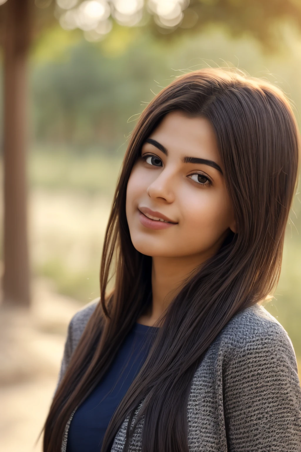 Generate a ultra photo-realistic image of a young IRAQI woman with natural lighting, portraying a genuine and relaxed expression. The scene should be set in a peaceful outdoor environment with soft sunlight, and the woman should be dressed casually in modern attire in black colour, wide shot, cinematic lighting, blurry, Ultra-Wide Angle, best quality, 8k
