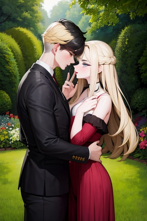 A black haired man with ruby eyes is kissing a blonde haired man with silver eyes in the gardens.