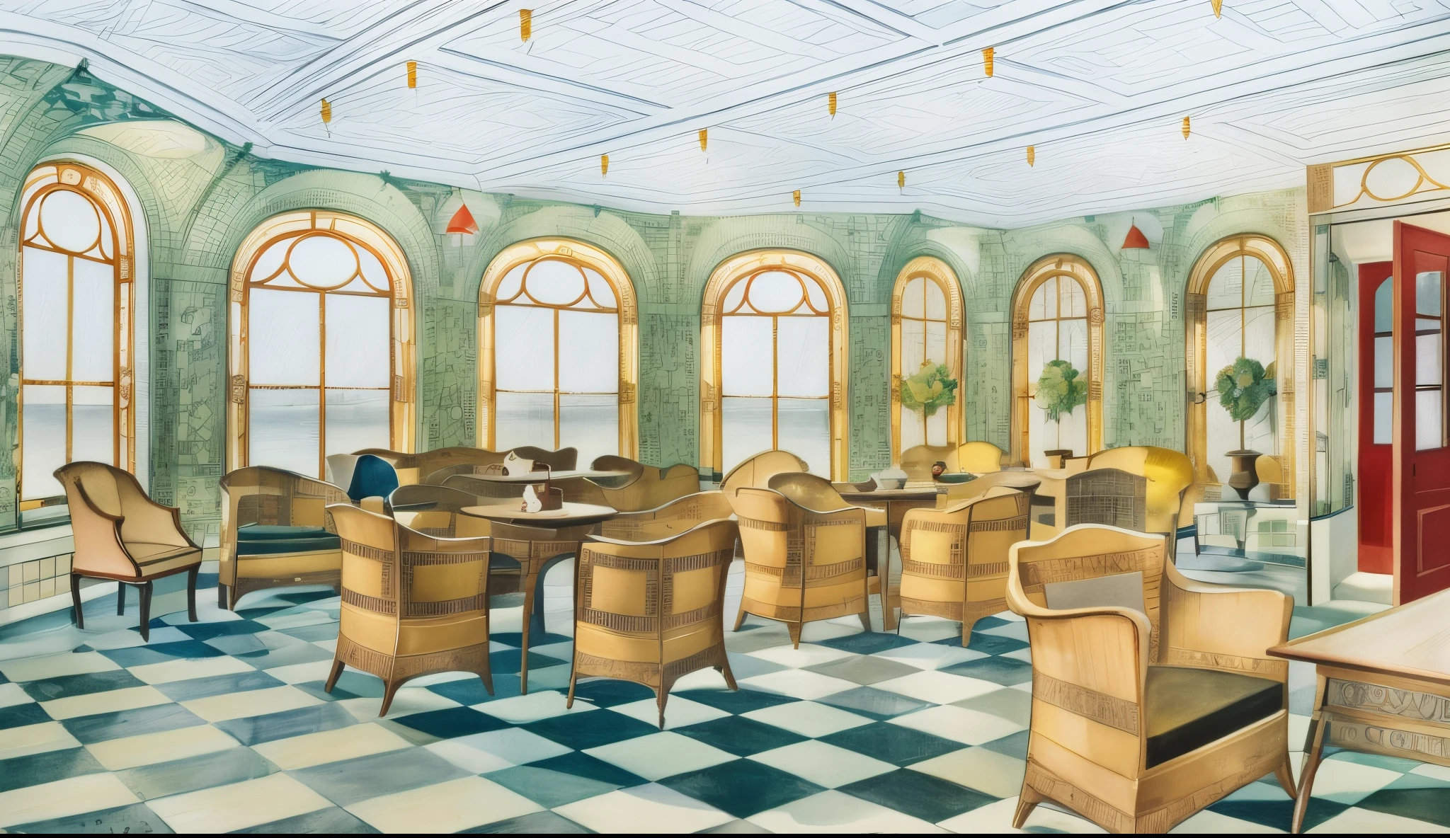 there is a drawing of a room with a checkered floor and a red door, by Richard Mayhew, painting of a room, alexandra fomina, cafe interior, tiled room squared waterway, inspired by William Birnie Rhind, art nouveau environment, aleksander rostov, by Albert Swinden, green terrace, by Albert Kotin