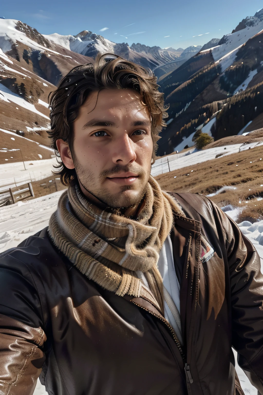 photo realistic, natural light, handsome italian man, will sharpe, 28 years old, lean and well defined body, stubble beard, wears ski clothes, stubble, brown curly hair, brown eyes, messy hair, taking a selfie in in the snow mountains, seen from the front