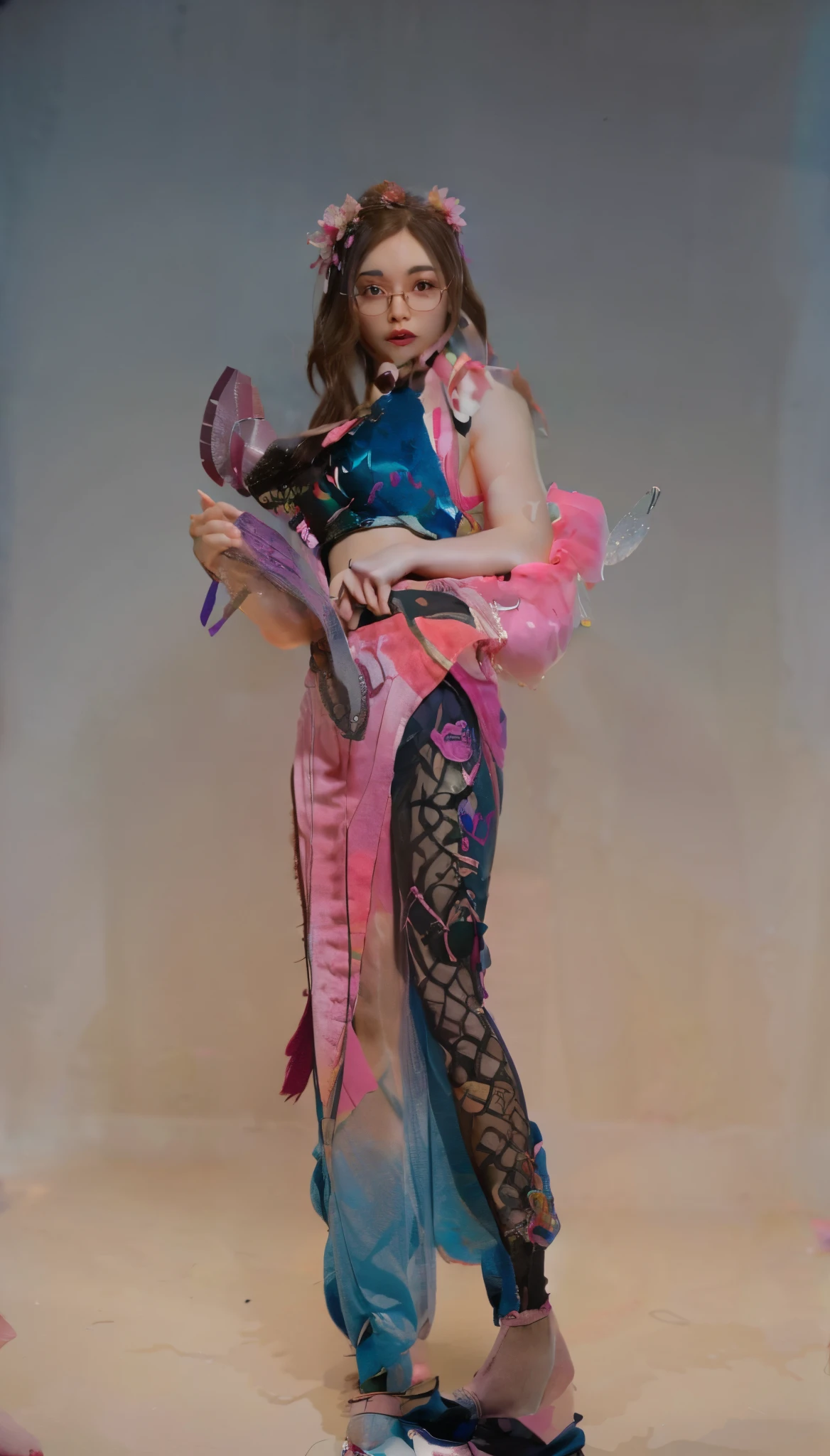 (masterpiece, best quality), intricate details, 8k, artstation, wallpaper, official art, splash art, sharp focus, 1 girl , long wavy hair, flower crown, black eyes, clear glasses, holding a pink biotic weapon, blue sports bra, pink training pants, carrying a pink bag shaped like a small winged heart