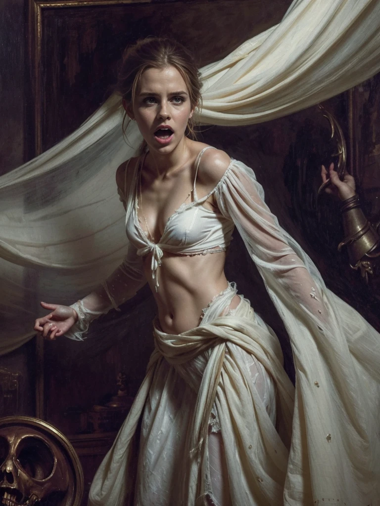 (ghost, spitits), Emma Watson, medium shot, (palms pressed against canvas) ghostly body, tattered ghostly clothes, (detailed clothes), ghost in background, spirit energy, trapped in a haunted oil painting, hyperrealism, ghostly, trapped, (pensive), peter mohrbacher, pierre terblanche, trending on artstation