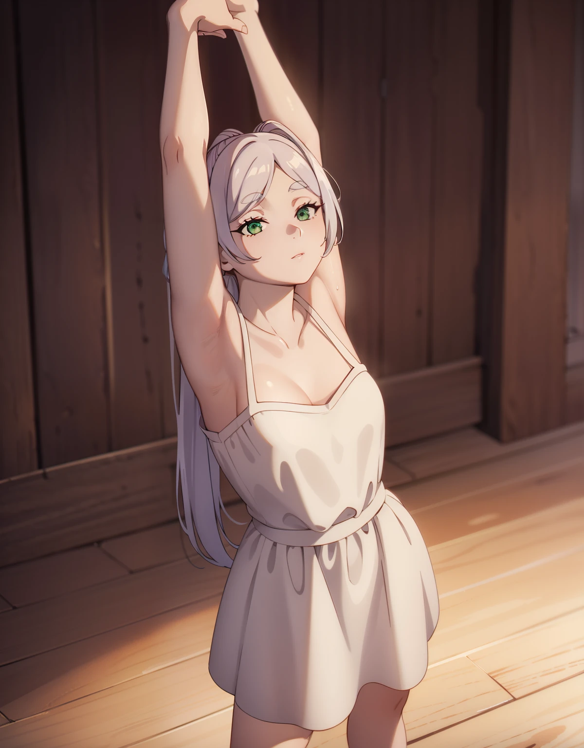 (Best Quality, Masterpiece),sexy,  erotic, 18+, nsfw, 1girl, 18 years old, Contempt, pride, long silver hair,sparkling eyes, ((standing)), (((stretching))), ((green eyes)), ((two ponytails)), white dress, from above