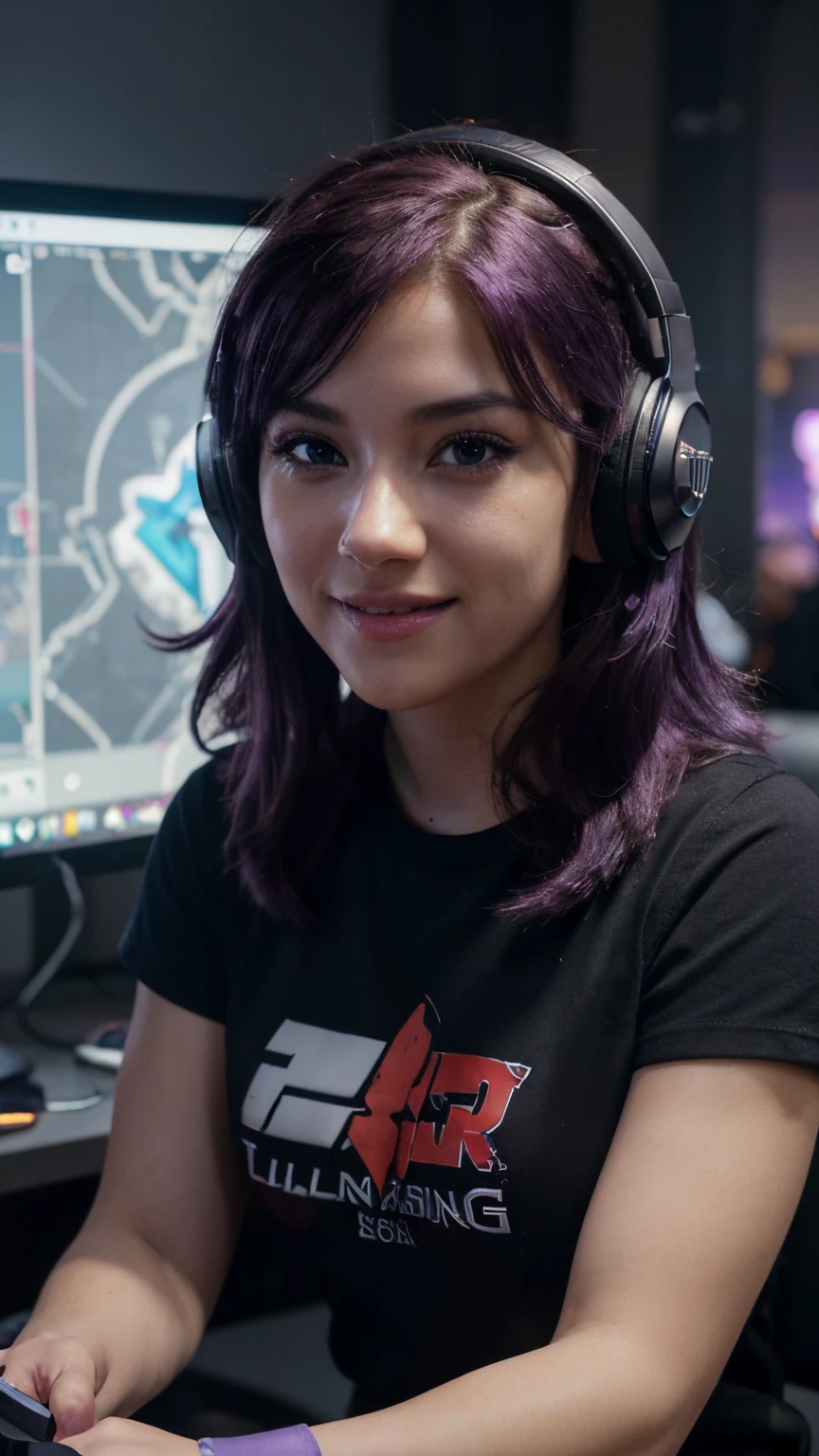 (a)beautiful detail eyes,(a)beautiful detailed lips,(a)Extremely detailed eyes and face,(a)long eyelashes,(Best Quality,4k,8K,hight resolution,Masterpiece:1.2),Ultra-detailed,(Realistic,Photorealistic,photo-realistic:1.37),HDR,UHD,studio lightning,(a)hot gamer girl,(a)Video game controller,(a)colorful gaming headphones,(a)gaming console,(a)Setting up the game,(a)competitive gaming scene,(a)purple hair,(a)Confident Smile,(a)gaming chair,(a)game logo T-shirt,(a)Keyboard and mouse,(a)close attention to the game,(a)energetic play pose,sharp-focus,physical based rendering,Professional,Vivid colors,bokeh,Concept Artists,Cool color tones,soft-lighting