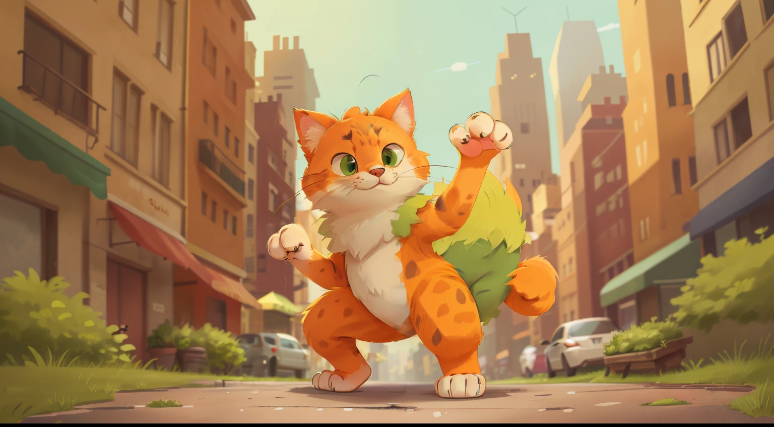 Disney-style cat, orange-spotted, green eyes, full figure, fluffy fur, hind legs on the ground, right front paw with long claws, cunning face,
In the background, the streets of a city.