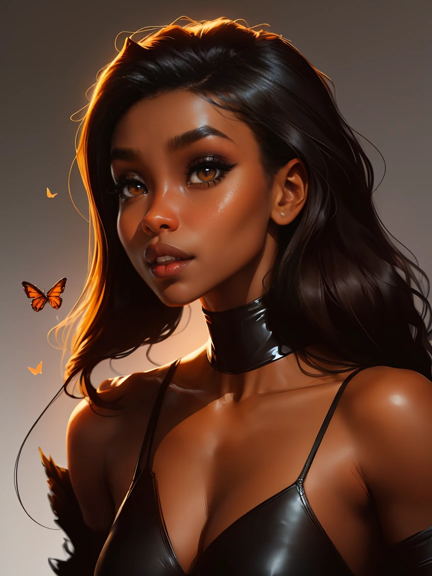 Dark-skin Gorgeous black woman with cinnamon skin with butterflies , bright colors, vivid, intricate,Ultra HD picture quality masterpiece, wlop, Stanley Artgerm character design, watercolor art, "(best quality,ultra-detailed),Dark Ebony skin,Ebony skinned female:1.1,beautiful detailed brown eyes, beautiful detailed lips, long black hair, African art, chocolate skin color, dark skin, dark skinned, ebony nose, matte illustration