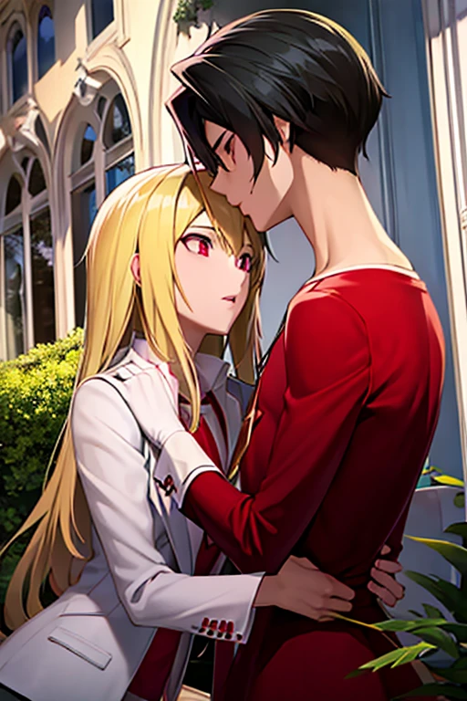 A black haired man with ruby eyes is kissing a blonde haired man with silver eyes in the gardens.