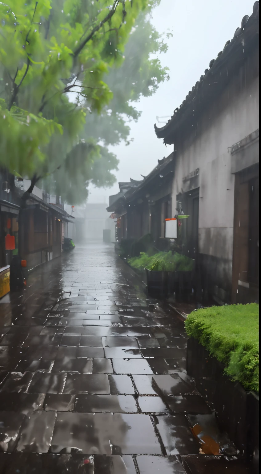 There is a wet street,In the background is a tree and a building, Rainy atmosphere, Dream China Town, Cloudy environment, Humid atmosphere Zhouzhuang Ancient Town, author: Cloudy weather, A cloudy street in the background
