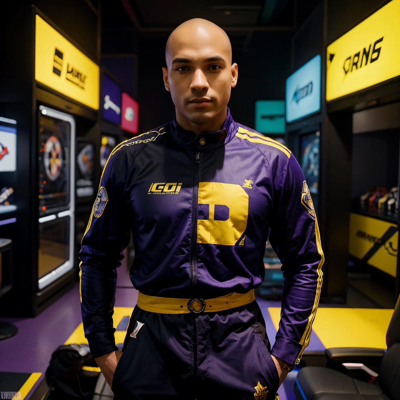 Avatar de um gamer careca estilo quadrinhos com icones de jogos no fundo, nas cores roxo e amarelo