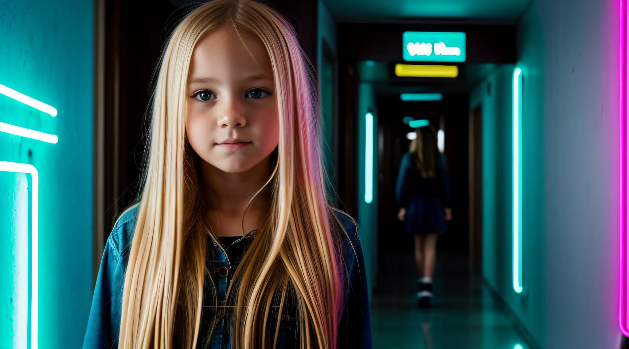 there is a young BLONDE CHILD WITH LONG HAIR. fechar para cima, standing in a hallway with neon lights,