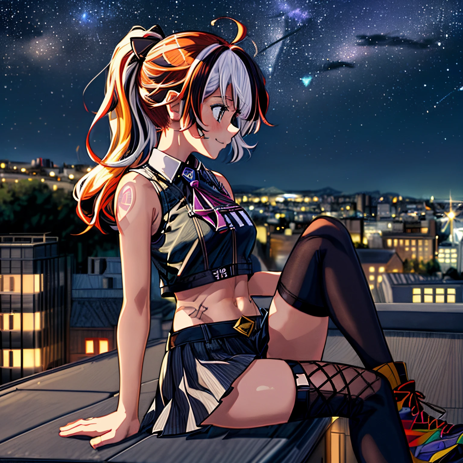 (Nighttime) , cityscape in background, ((19 year old girl sitting on a very high ledge looking down over rooftop into city, slight smile, playful, leaning forward)), (tight white shirt) , face illuminated by city lights, cute nose, (cute girl), (medium breasts) , (punk clothes:1.3), (multicolored hair:1.5), disheveled hair, dramatic shading, short skirt,detailed face, high quality, UHD, modern city, profile of girl, high ponytail, (city_night_lights), cinematic , ((one leg up by chest)), sneakers , ((metropolis)), dark night, darkened face, (shadows), (beautiful starry night), (sleeveless shirt), (thigh highs), sitting on very tall building