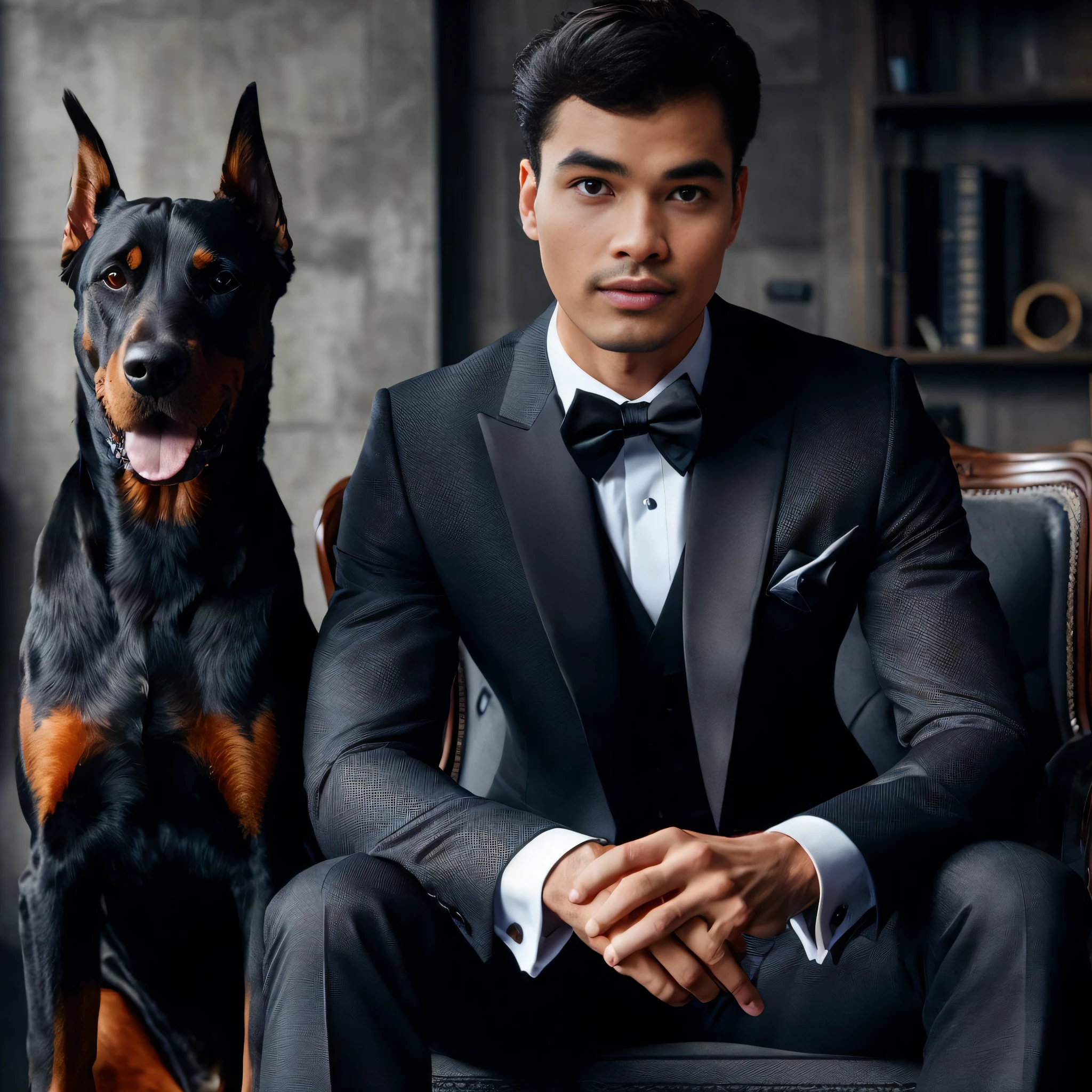 There is a man sitting next to a dog in a suit.., Handsome and elegant, Wear a tuxedo.., Wear a tuxedo.., Wearing a black noble suit.., He looks very complicated.., formal wear, Good - dress up.., Wear a strict business suit.., In strict clothing., Wear a suit.., Well dressed, A grand and classy portrait.., Dressed in expensive clothes, elegant black tuxedo