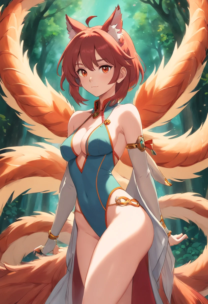 1girll, nur, (sexy, gorgeous woman, Perfektes Gesicht, Schmale Taille, perfekt, Brust, Straffe Bauchmuskeln, muscular quads, arched back, Perfekte Augen). Ahri aus League of Legends, Pferdegeschirr, Riemchen-Dessous, Brust von Dessous gequetscht, 8 tails, (Realismus 1.3