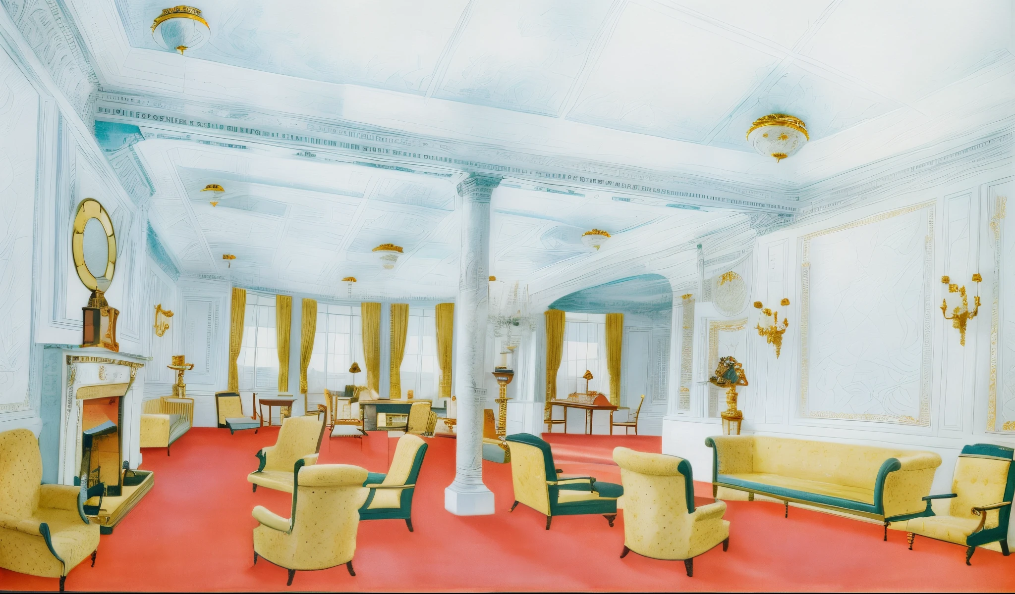 there are many chairs and couches in a room with a fireplace, inspired by Louis Eilshemius, royal interior, titanic ship interior, interior photograph, inside a grand ornate room, painting of a room, inside a grand, by Richard Mayhew, elegant interior, saloon exterior, parlor, interior of buckingham palace, elegant atmosphere, 1 9 2 0 s room