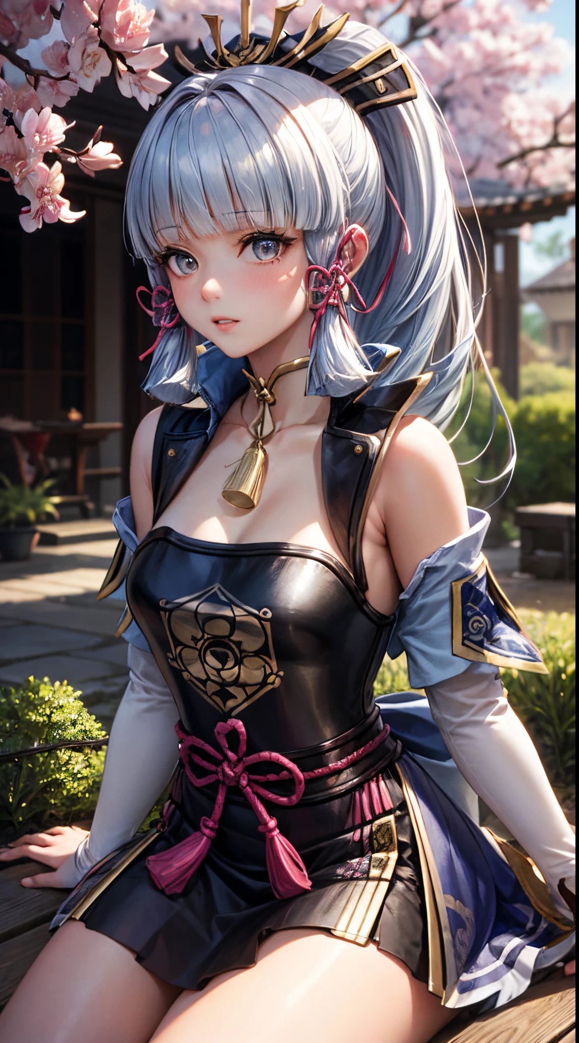 masterpiece:1.2, best quality), realistic, (real picture, intricate details, depth of field), (1girl, solo), make up, parted lips, highly-detailed, perfect face, (skindentation), glossy coral lips, blushing,kamisato ayaka (heytea), kamisato ayaka from genshin impact,high-detailed hands ultra realistic 8k cg, masterpiece, small breasts, sakura trees, outdoors, close up, maid, maid apron, maid headdress, miniskirt, bare legs, bare shoulder, detached sleeves, sitting), kamisato ayaka, blunt bangs, hair bow, hair ribbon, red ribbon, light blue hair, grey eyes, mole under eye, ponytail,