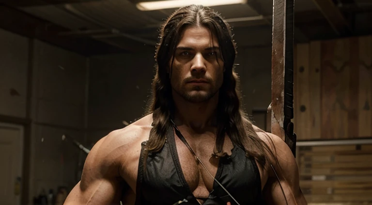 An attractive serial killer with a good muscular body and the style of a killer with long hair tied behind his head and a crossbow in his hand.