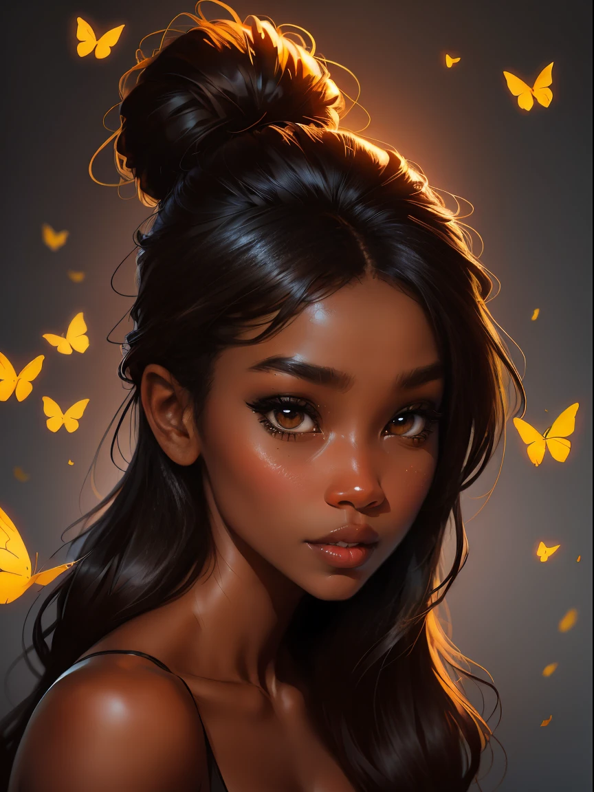 Dark-skin Gorgeous black woman with cinnamon skin with butterflies , bright colors, vivid, intricate,Ultra HD picture quality masterpiece, wlop, Stanley Artgerm character design, watercolor art, "(best quality,ultra-detailed),Dark Ebony skin,Ebony skinned female:1.1,beautiful detailed brown eyes, beautiful detailed lips, long black hair, African art, chocolate skin color, dark skin, dark skinned, ebony nose, matte illustration