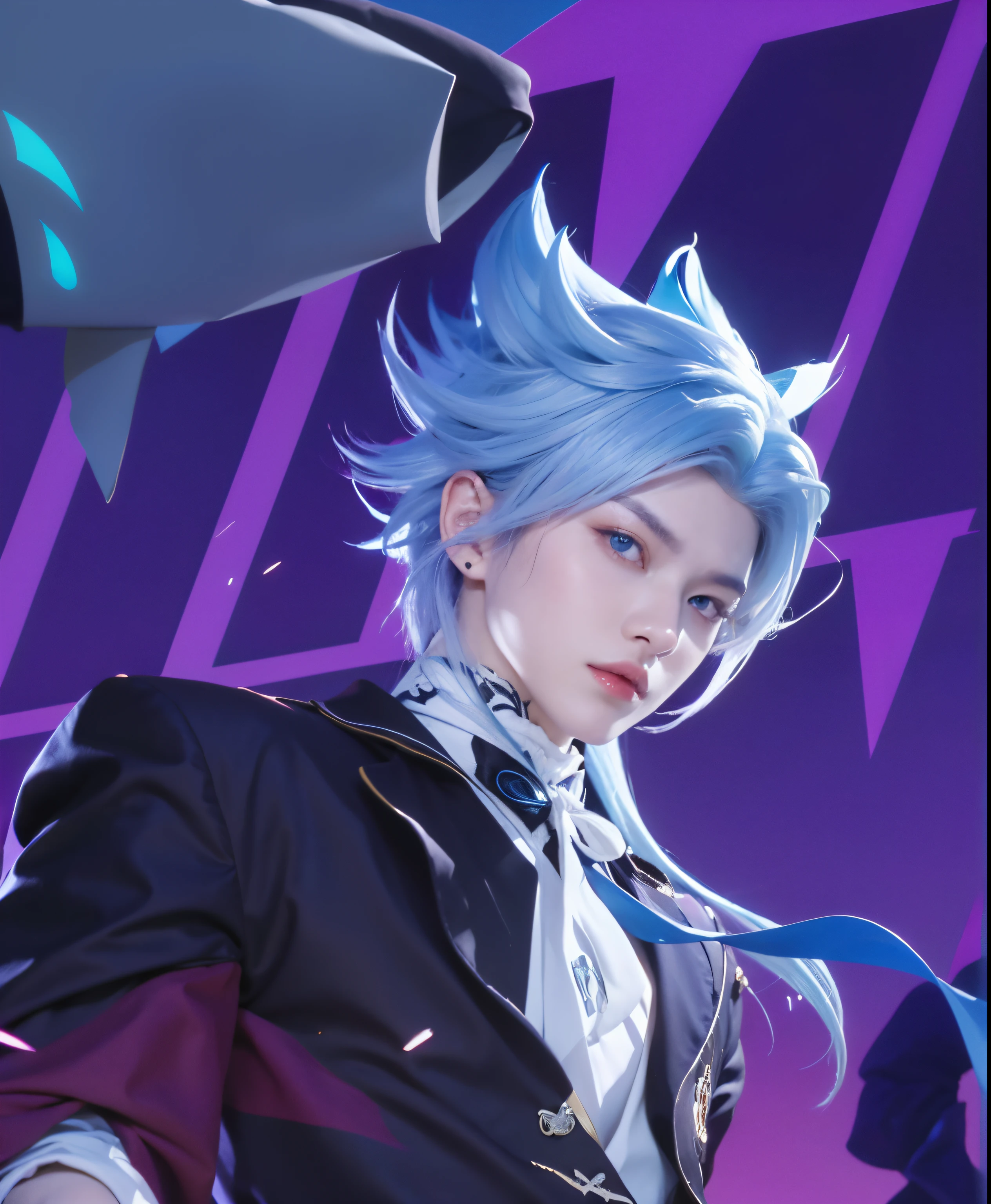 realistic character with white hair and blue eyes on purple background, dashing dream demon, handsome guy in demon slayer art, important realistic art, keqing from genshin impact, art style realistic magic activated, hajime yatate, nagito komaeda, elegant realistic main image, important realistic art details, genshin impact character, zhongli from genshin impact