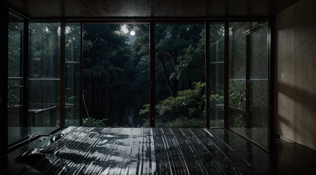 Create an image in the mid-journey style depicting a scene from the bedroom window with a nighttime view of the forest after a refreshing rain shower. Capture the serene atmosphere with moonlight filtering through the raindrops on the window, highlighting the lush trees and creating a tranquil ambiance. Consider incorporating subtle reflections of the moon on the wet foliage and the glimmering glow of distant stars in the night sky. Convey the post-rain freshness in the air and the quiet beauty of the nocturnal woodland landscape.