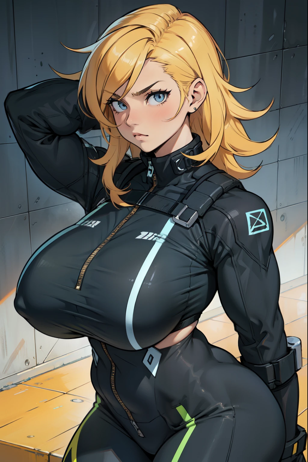 triste, fille musculaire, triste, cheveux noirs, yeux jaunes, six ombrés, scope, Huge-breasts