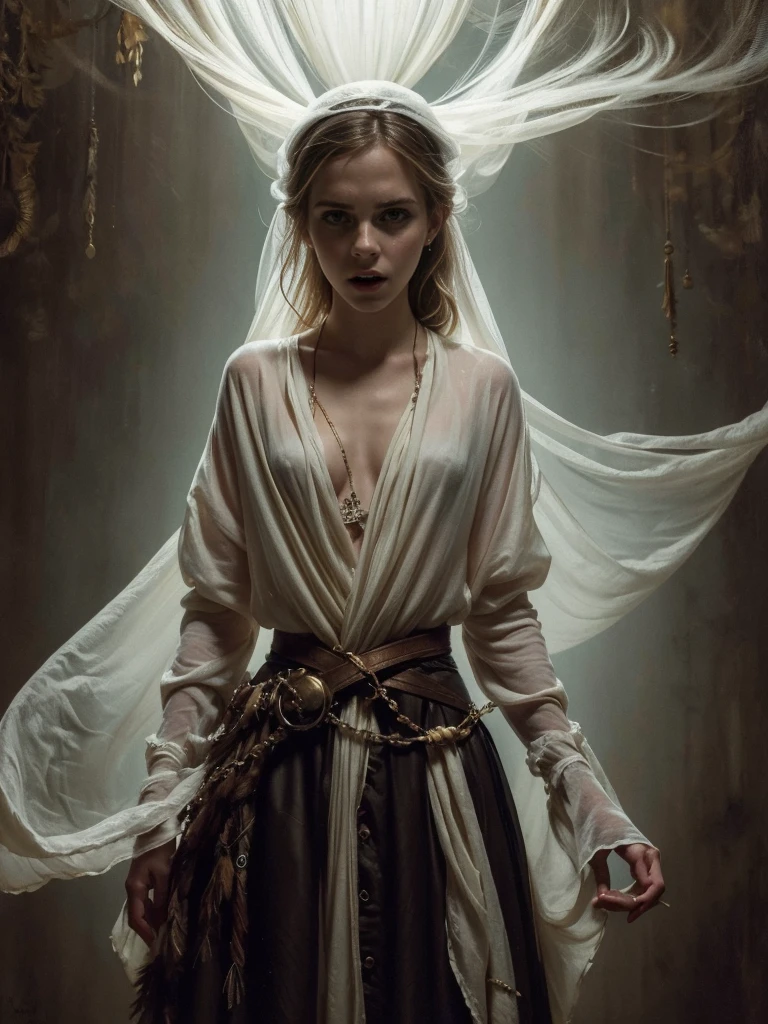 (ghost, spitits), Emma Watson, medium shot, (palms pressed against canvas) ghostly body, ghostly clothes, (detailed clothes), ghost in background, spirit energy, trapped in a haunted oil painting, hyperrealism, ghostly, trapped, (panicking, screaming), peter mohrbacher, pierre terblanche, trending on artstation