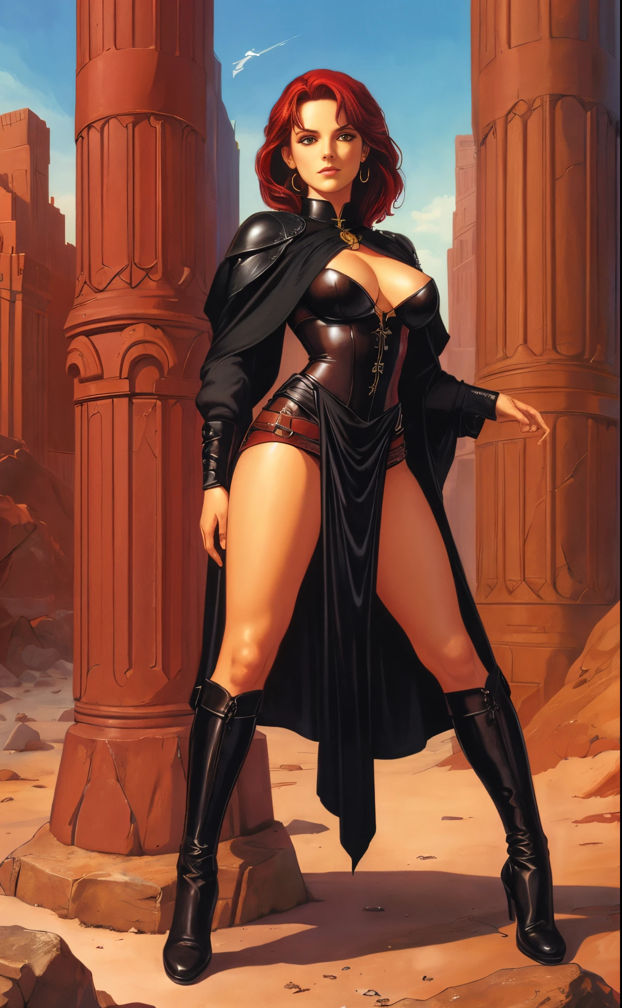 2girls, sorceresses, miniskirt, red hair, black hair, full body shot, lesbian, romance, clyde caldwell