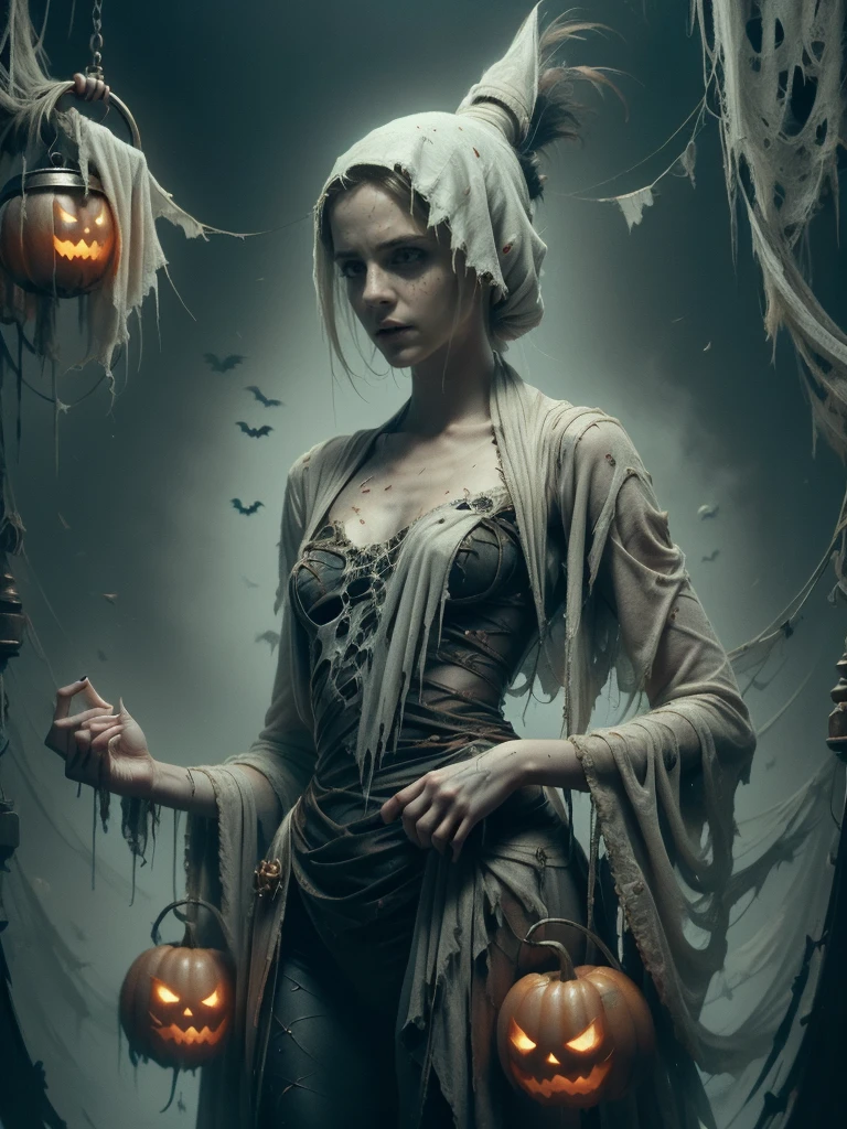 (ghost, spitits), Emma Watson, medium shot, (palms pressed against canvas), ghostly body, ghostly clothes, (detailed clothes), ghost in background, spirit energy, trapped in a haunted oil painting, hyperrealism, ghostly, trapped, (pensive), peter mohrbacher, pierre terblanche, trending on artstation