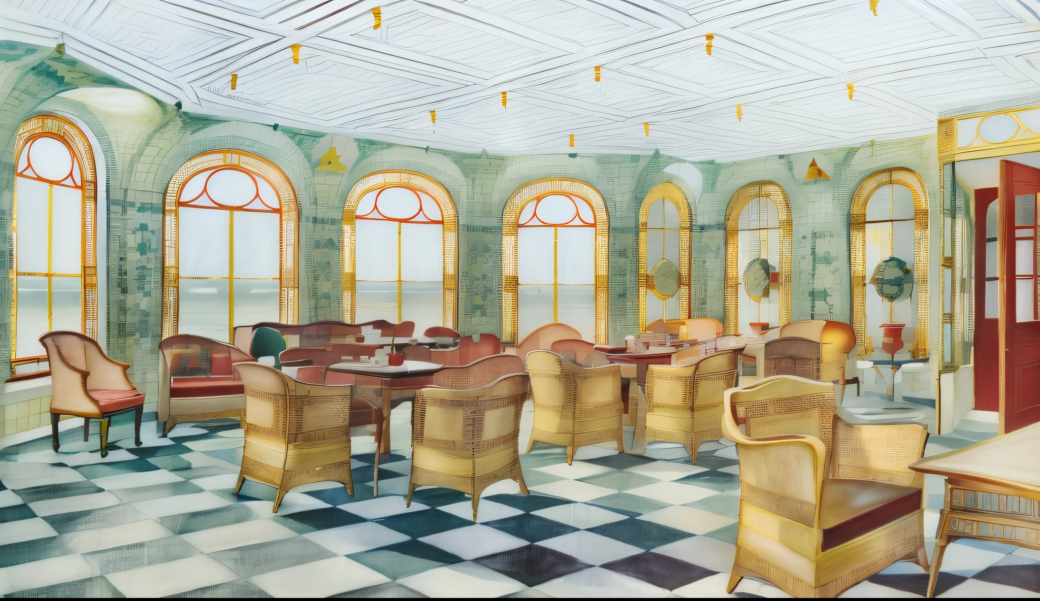 there is a drawing of a room with a checkered floor and a red door, by Richard Mayhew, painting of a room, alexandra fomina, cafe interior, tiled room squared waterway, inspired by William Birnie Rhind, art nouveau environment, aleksander rostov, by Albert Swinden, green terrace, by Albert Kotin