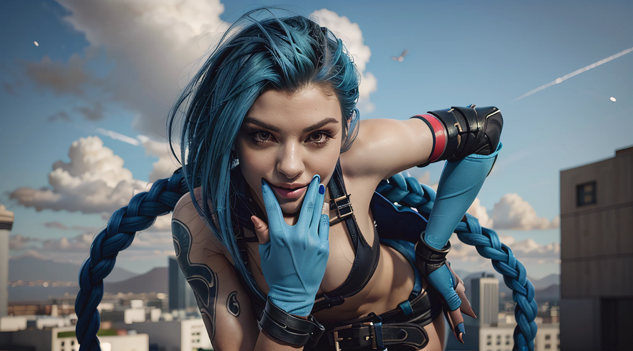 (masterpiece, best quality), 1 girl, jinx from league of legends, leaning forward, looking at the user, dynamic lighting, epic, light blue hair, light blue clouds tattoo, vibrant, cinematic, futuristic city with elaborate details