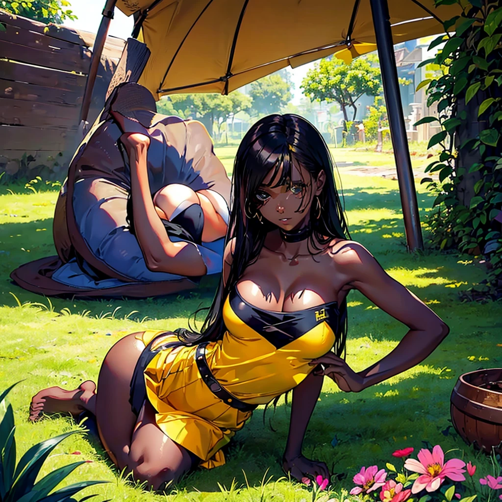 there is a woman sitting on the grass with a plant, Maria Borges, pele escura, de pele escura, pele escura, pele castanha escura, pele negra escura, com pele parda, mulher jovem negra, beautiful city black woman only, Dona africana da domme, tom de pele escuro, tom de pele preto escuro, pele escura deusa feminina do amor, pele negra, marrom