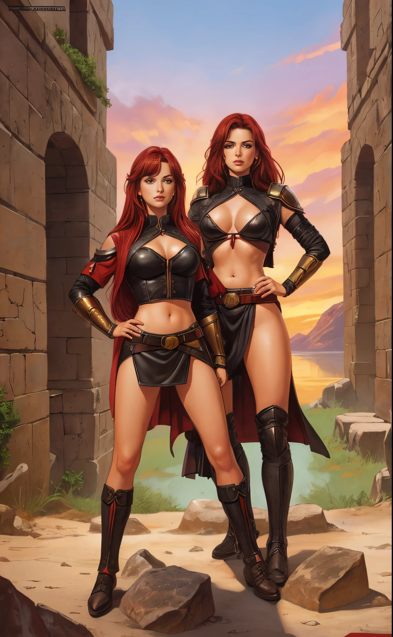 2girls, female warriors, miniskirt, red hair, black hair, full body shot, lesbian, romance, clyde caldwell