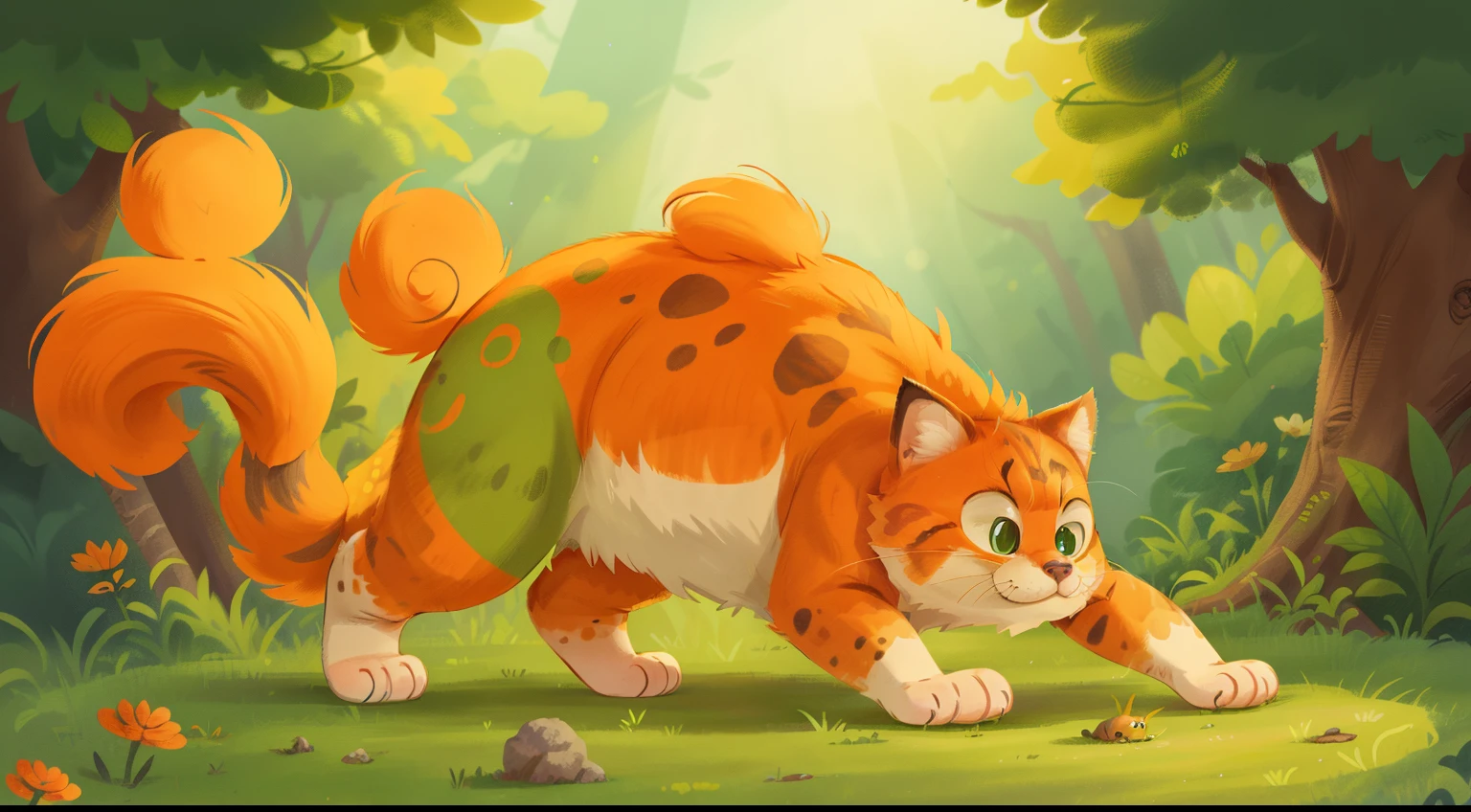 Disney-style cat, orange-spotted, green eyes, full figure, fluffy fur, hind legs on the ground, right front paw with long claws, cunning face, In the background the home