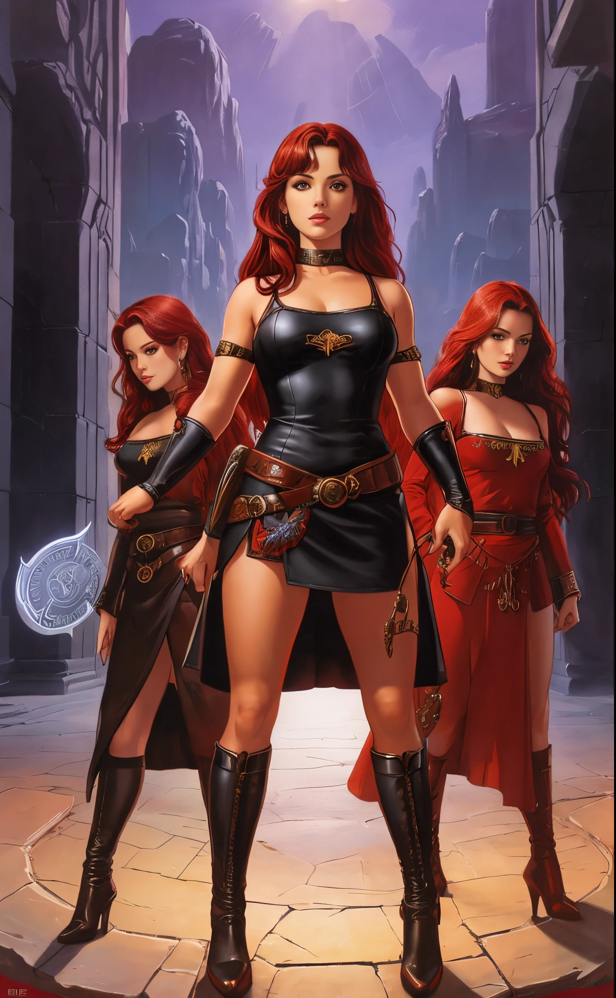 three sorceresses, see-through robe, lesbian, red head, blonde, black hair, sexxy, lewd, clyde caldwell
