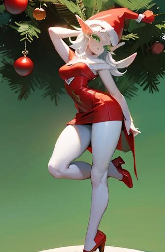 perfect eyes, christmas pinup elf, full body view, white skin, green eyes, delicate facial features, posing at the base of the christmas tree