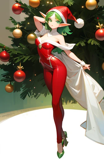 masterpiece, best quality, highres, high quality, collage, perfect image, 1girl, solo, , Edelgard, fire emblem three houses, , abs, long legs, bare shoulders, toned muscles, biceps, triceps, , face, gentle smile, blush, collarbone slim legs, underboob, aroused, (gigantic breasts:1.4), detailed hands, , wrapped up Christmas present ribbons,  red ribbons over breasts, Christmas ribbons, fur cloak, santa hat, , snowy landscape,