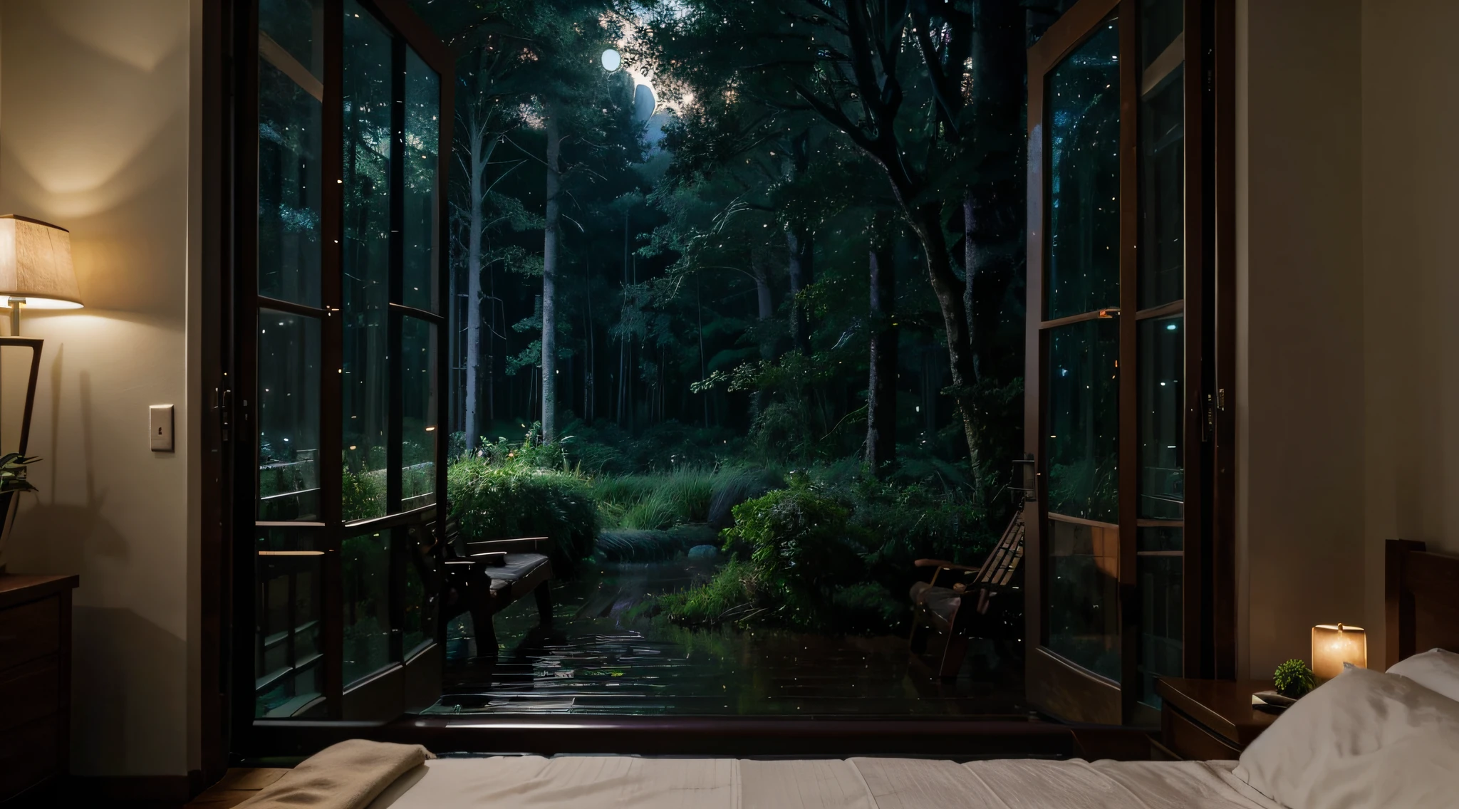 Create an image in the mid-journey style depicting a scene from the bedroom window with a nighttime view of the forest after a refreshing rain shower. Capture the serene atmosphere with moonlight filtering through the raindrops on the window, highlighting the lush trees and creating a tranquil ambiance. Consider incorporating subtle reflections of the moon on the wet foliage and the glimmering glow of distant stars in the night sky. Convey the post-rain freshness in the air and the quiet beauty of the nocturnal woodland landscape.
