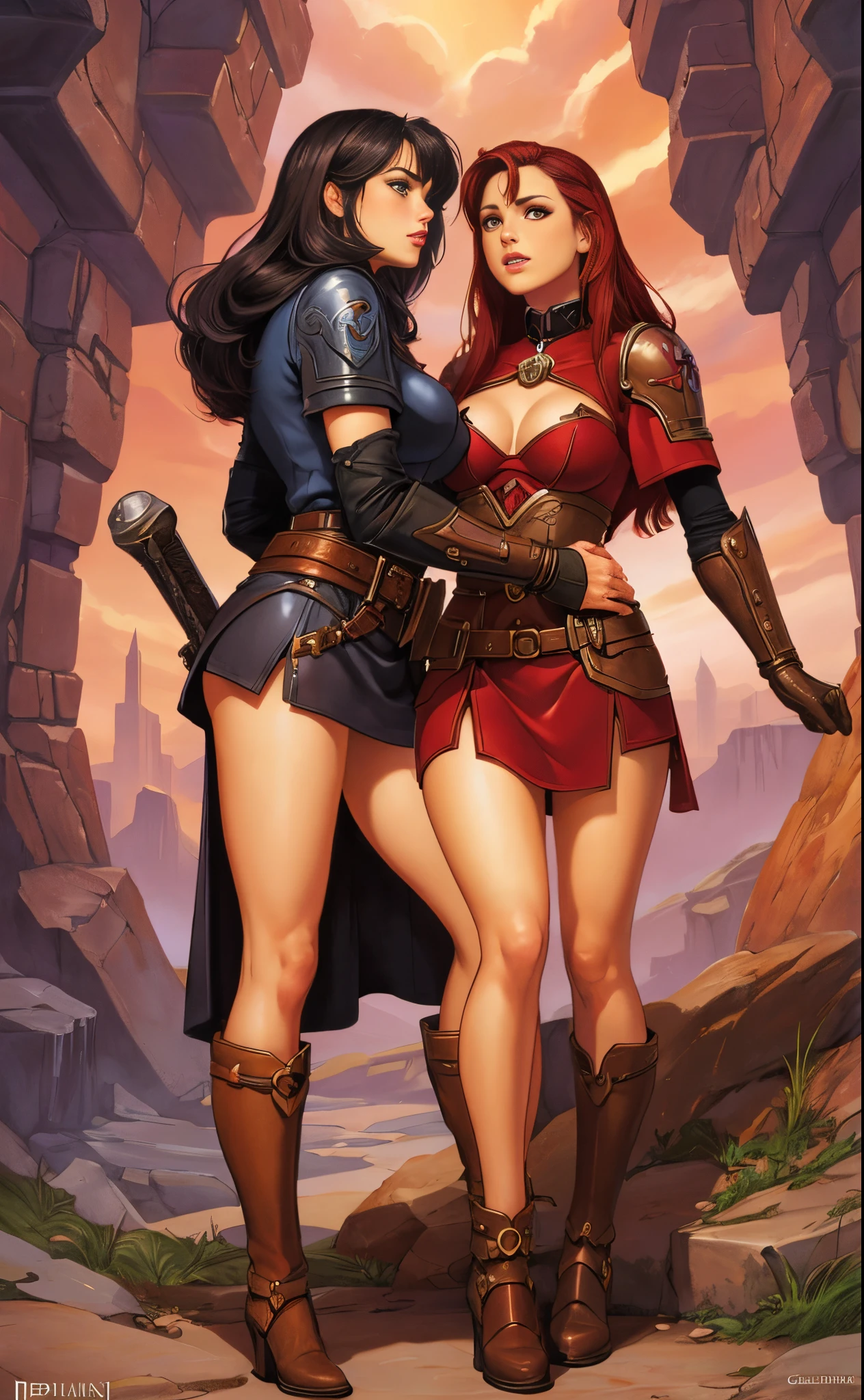 2girls, female paladins, miniskirt, red hair, black hair, full body shot, lesbian, romance, clyde caldwell