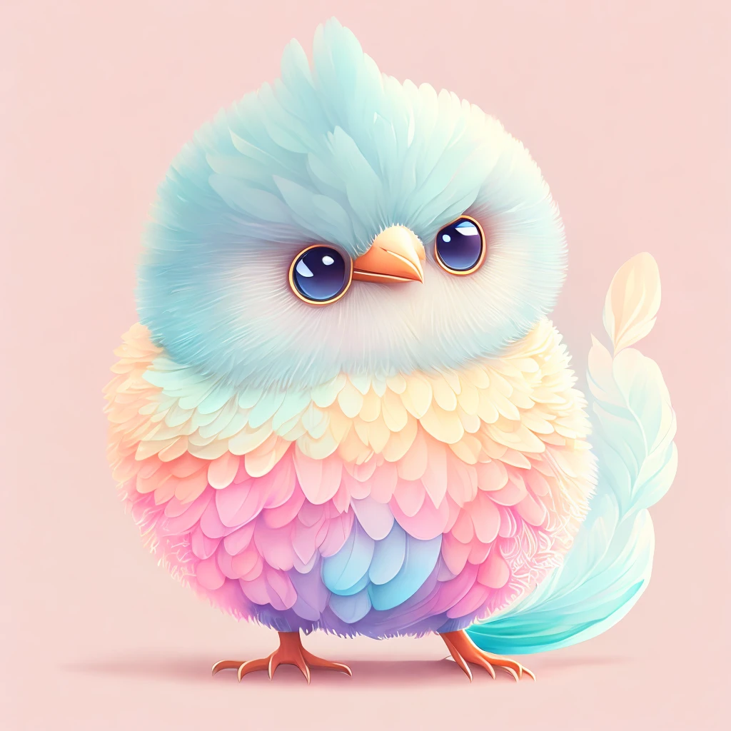 digital Illustration of a cute stylized fantasy baby bird character,Front View, style of studio ghibli, fluffy, Photoreal rendering,pixar style, ultra detailed, Intricate, full shot, full body shot, front view, by Anne Stokes, facing toward camera, front angle, very big and cute eyes, big peak, centered, adorable, loish, cute and quirky, watercolor effect, retro aesthetic, lovely, whimsical, smooth, soft lighting, detailed Illustration, 3d vector art, t-shirt design, pastel tetradic colors, graffiti effect,bird's eye