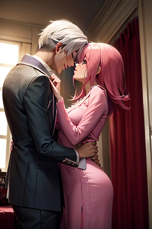 A pink haired woman is kissing a white haired man with ruby eyes in the bedroom in gothic robes