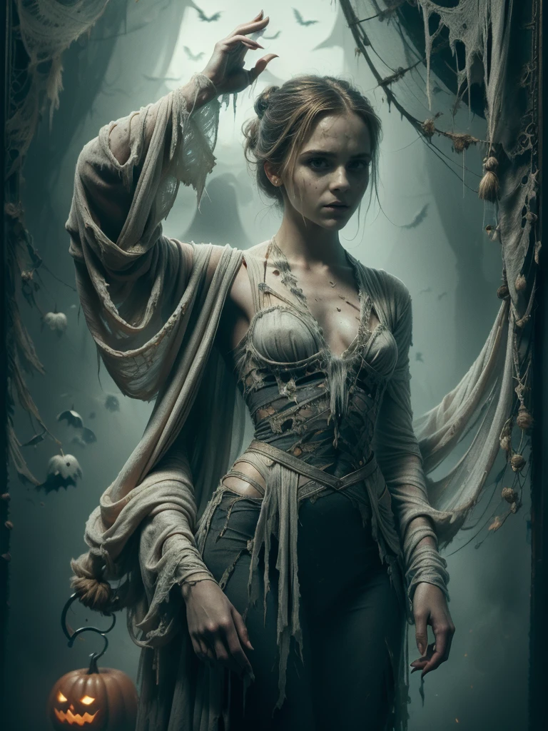 (ghost, spirits), Emma Watson, medium shot, (palms pressed against canvas), ghostly body, ghostly clothes, (detailed clothes), ghost in background, spirit energy, trapped in a haunted oil painting, hyperrealism, ghostly, trapped, (screaming), peter mohrbacher, pierre terblanche, trending on artstation