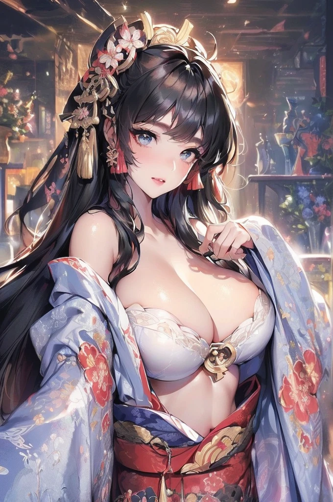 NSFW,(((((full nude))))),(Best Quality, 8K, 32K, perfect masterpiece, nffsw:1.3), (The most beautiful and sexy demon goddess pictures, oni horns, cosmic, Atmospheric, Aesthetic), ((1 girl)), ((huge gigantic breasts, Cleavage display, Huge breasts protruding from the shirt, Dark African skin:1.3)), Abs, Perfect curvaceous body, hyperdetailed face, Detailed lips, Delicate moonlight eyes, Double eyelids, Beautiful Girl, jaw-dropping beauty, ((Very long black hair:1.2)), ((Intricate Harajuku style kimono:1.1)), ((Close-up up to the upper body, Dynamic Sexy Pose)), Smile beautifully, Sunlight illuminated her beautiful face,